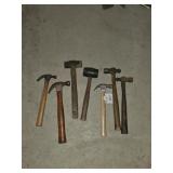 Box lot assorted wood handled hammers, mallet