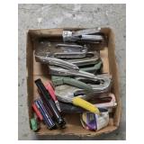 Box lot assorted staplers and staples