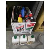 Box lot assorted two-cycle oil, motor oil,