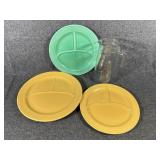 Fiesta divided plates & glass pitcher