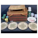 Wooden & stitched picnic basket w/cups & plates