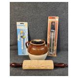 Handled Crock, Stamped Rolling Pin, Food