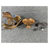 Decor- metal turtle, wood rocking horse and tray