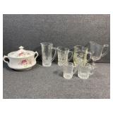 Anchor Hocking Prescut Glass pitchers, floral dish