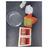 Corning casserole dish, leaf dish, knife set