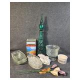 Large Green Genie Bottle, Small Glass Dishes, a