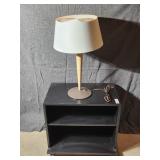 Black Cabinet on Wheels and Lamp