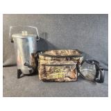 Percolating coffee pot, coffee pots and lunch box.
