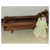 Hand made wood doll rocking cradle & doll