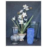 Large clear and blue vases, Silks in container