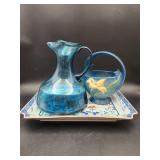 Roseville Pottery Basket, Blue Glass Pitcher,