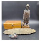 Flint Hand Spade, Wooden Box, Wooden Man Figurine