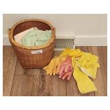Wicker Basket, Gloves, Rags