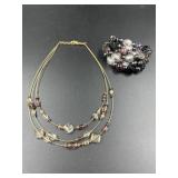 Beads and Wire necklace, Purple stretch bracelet