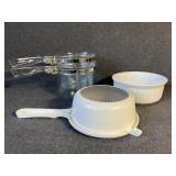 Double boiler. Corning ware 1 1/2 qt. , strainer