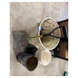 Metal Shovel, plastic Trash Can, Milk Crate