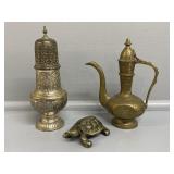 Vintage Brass Teapot , Pewter Sugar Shaker