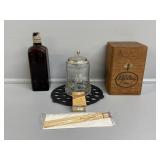Bitter Bottle, Cigar Box, Glass Mug, AD Pencils