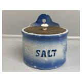 Primitive Blue and White Hanging Salt Crock