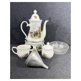 Porcelain Teapot, Teapot Warmer, Creamer Saucer,