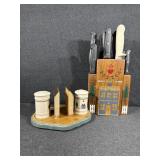 Wooden Butcher Block, Salt, and Pepper Shakers,