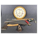 Bird Clock, Hand Saw, Fishing Reel, Hook