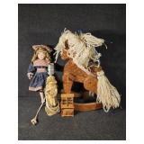 Wooden Rocking Horse Decor, Porcelain Doll