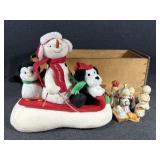 Wooden Box, Porcelain Nativity, Snowman Sledding