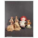 Mushroom Figurines, Raggedy Ann Doll, Dog