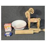 Straw Goat Figurine, Enamel Coated Bowls, Wooden