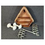 Wooden Shelf Knick Knack Holder, Weights, Metal