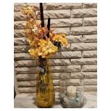 Yellow Glass Vase with Faux Flowers, Heavy Glass