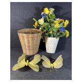 Wicker Trash Bin, Artificial Flower,