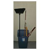 Trash Bin with Broom and Umbrellas