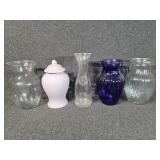 2 Purple Glass Vases, 3 Clear Glass Vases