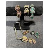 Gold Toned Bangle Bracelet, Necklace & Clip-on