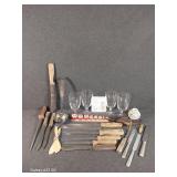 Assorted Knives & Sharpener, Wine Glasses