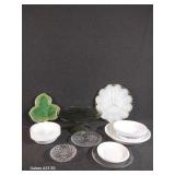 Glass Cake Stand, Relish Trays & Corelle Dishes