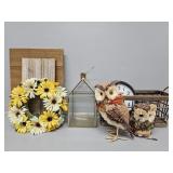 Wooden Basket, Owl Figurines,Floral Wreath,