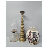 Cookie Jar, Metal Candlestick, Clear Glass Oil