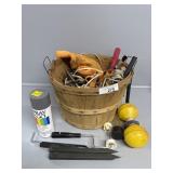 Basket with Tent Stakes, Rope and More