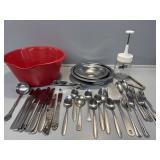 Silverware, Red Mixing Bowl, Nut Chopper, Can