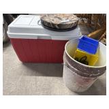 Red Coleman 48 qt.cooler, 5 Gal Bucket with seat