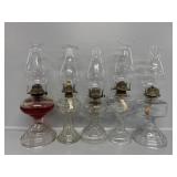 5 Large Glass Oil Lamp Bases & Chimneys