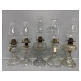 5 Pedestal Clear Glass Oil Lamps & Chimneys