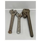 Pipe Wrench & 2 Adjustable Wrenches