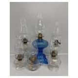 Blue Glass Oil Lamp & Clear Oil Lamps W/Chimney