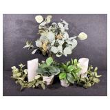 2 Flameless Pillar Candles, Vases & Greenery