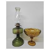 Green Glass Oil Lamp, Amber Footed Pedestal Dish