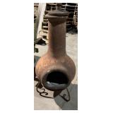 Clay Chiminea On A  Metal Stand W/Lid